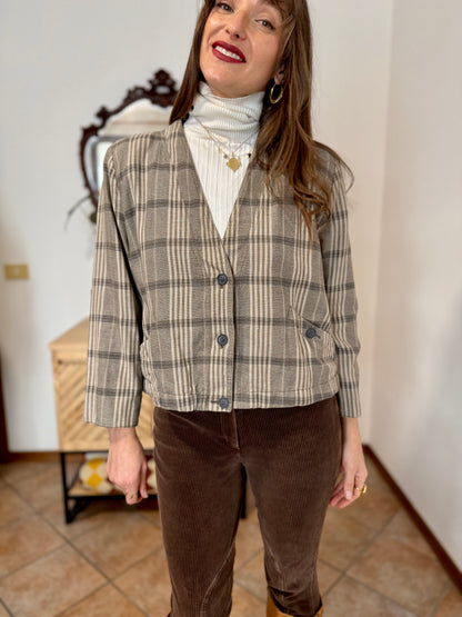 1970's vintage brown and cream plaid cropped blazer
