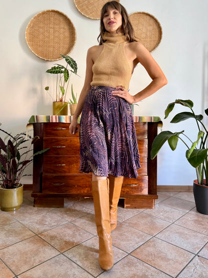 1970's vintage navy blue silk skirt with pink and cream abstract print
