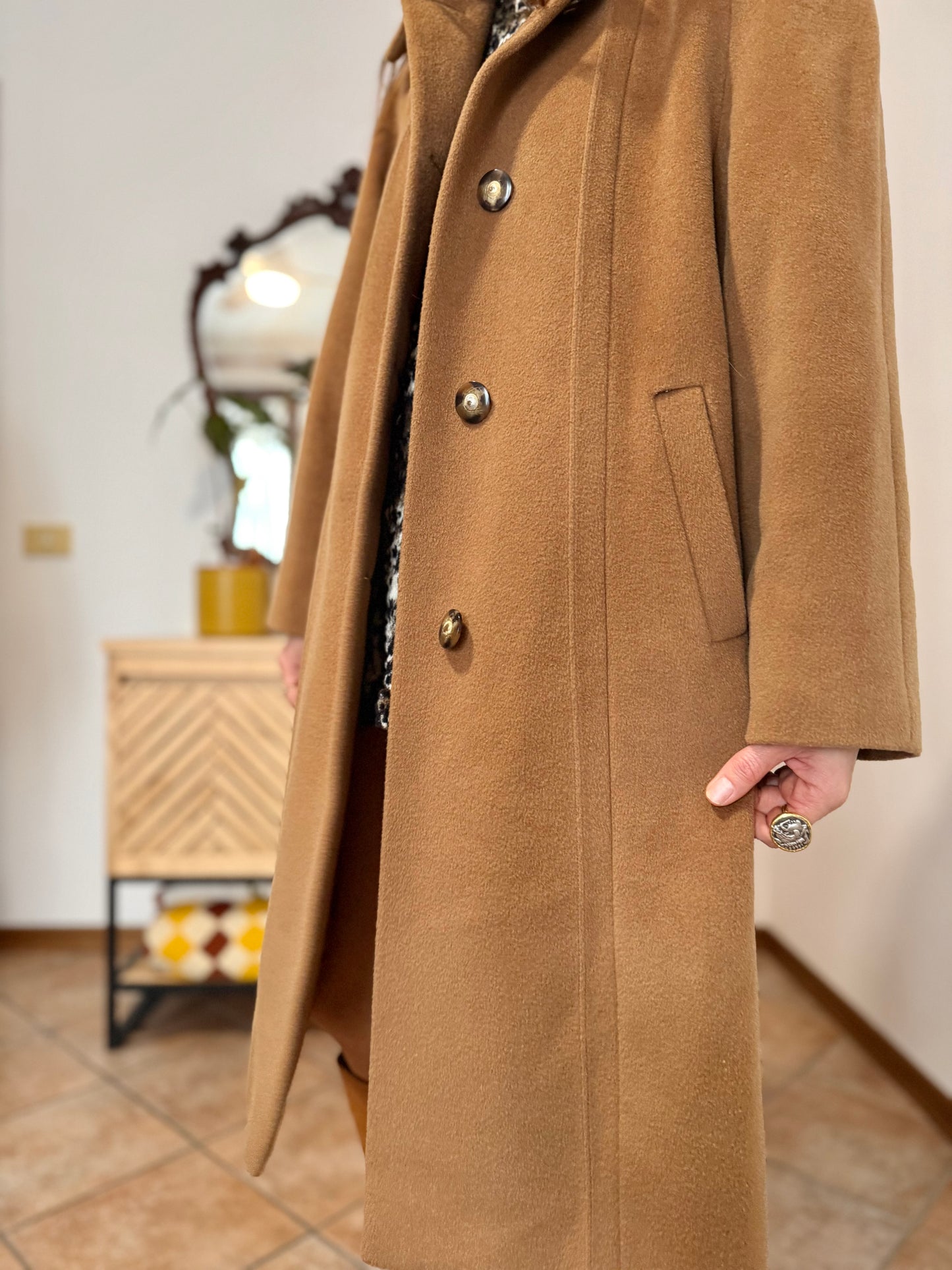 1970’s vintage tan wool overcoat with oversize button details