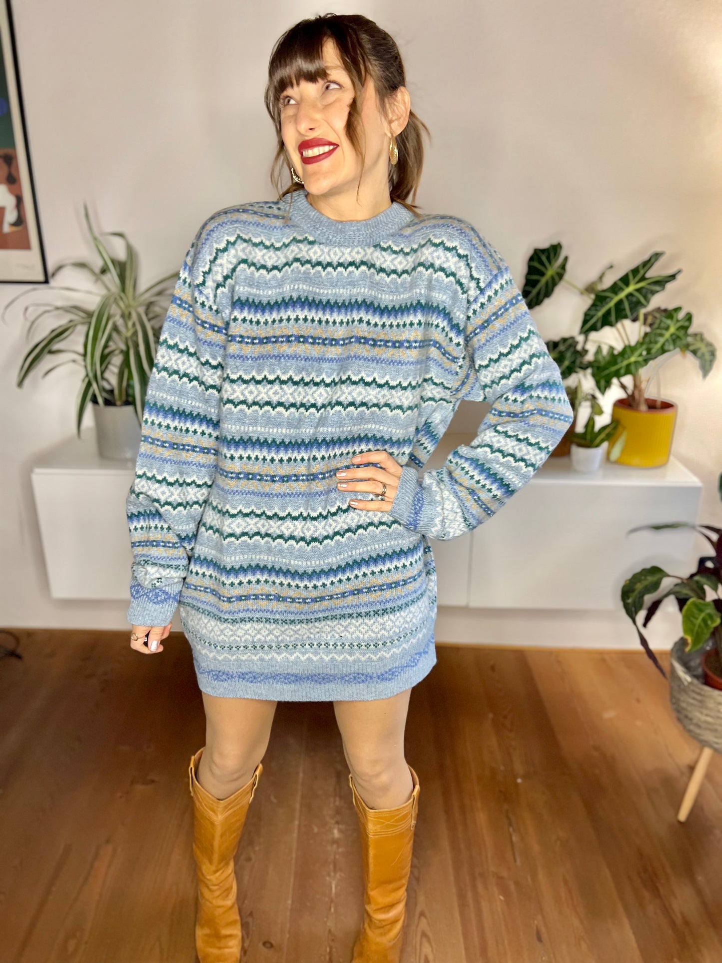 1970's vintage turquoise and blue stripe knit wool sweater dress