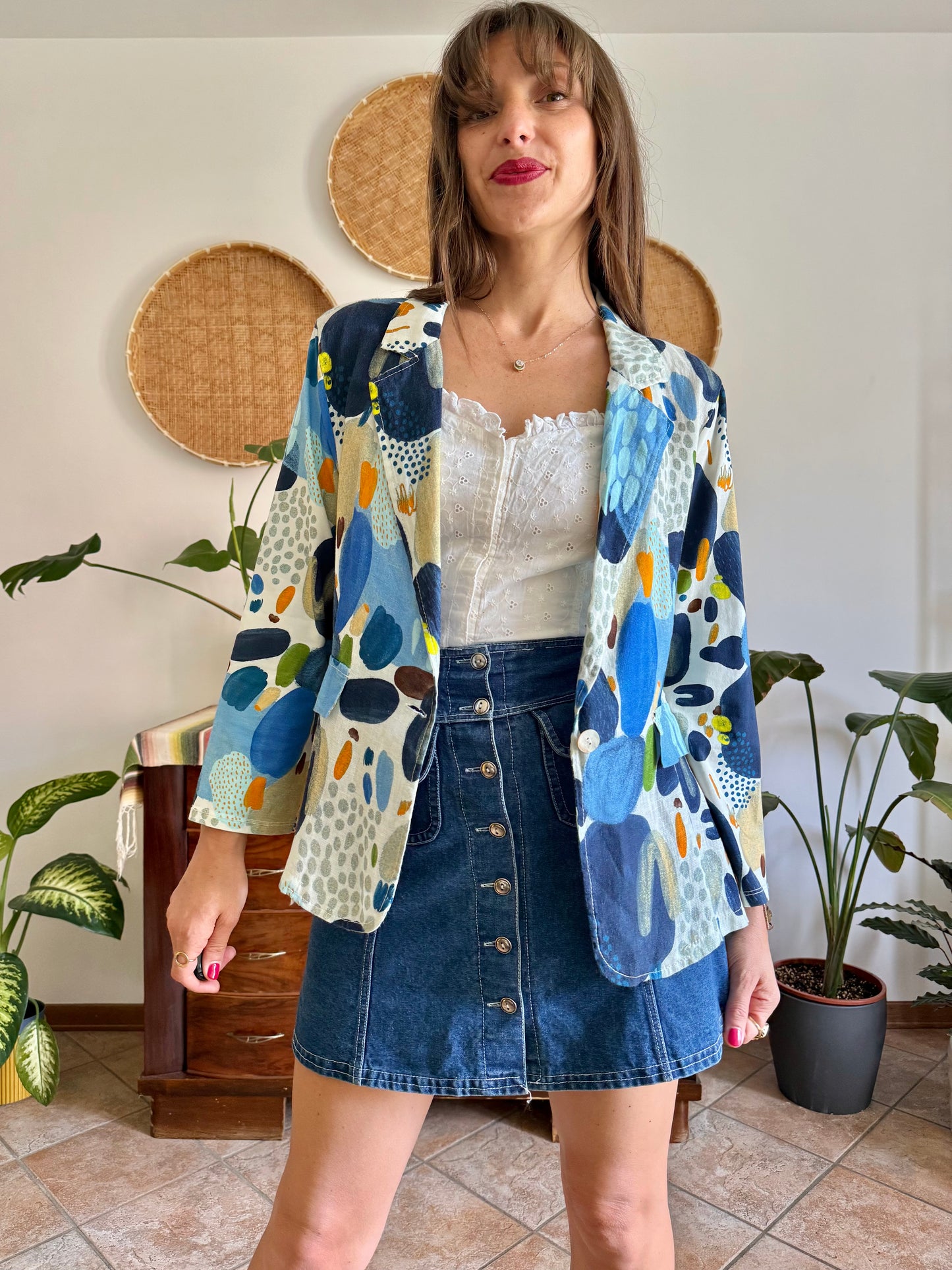 1990’s vintage blue, green and orange abstract print linen jacket