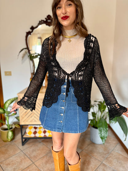 Y2k vintage black bell sleeve crocheted cardigan with silver thread accents