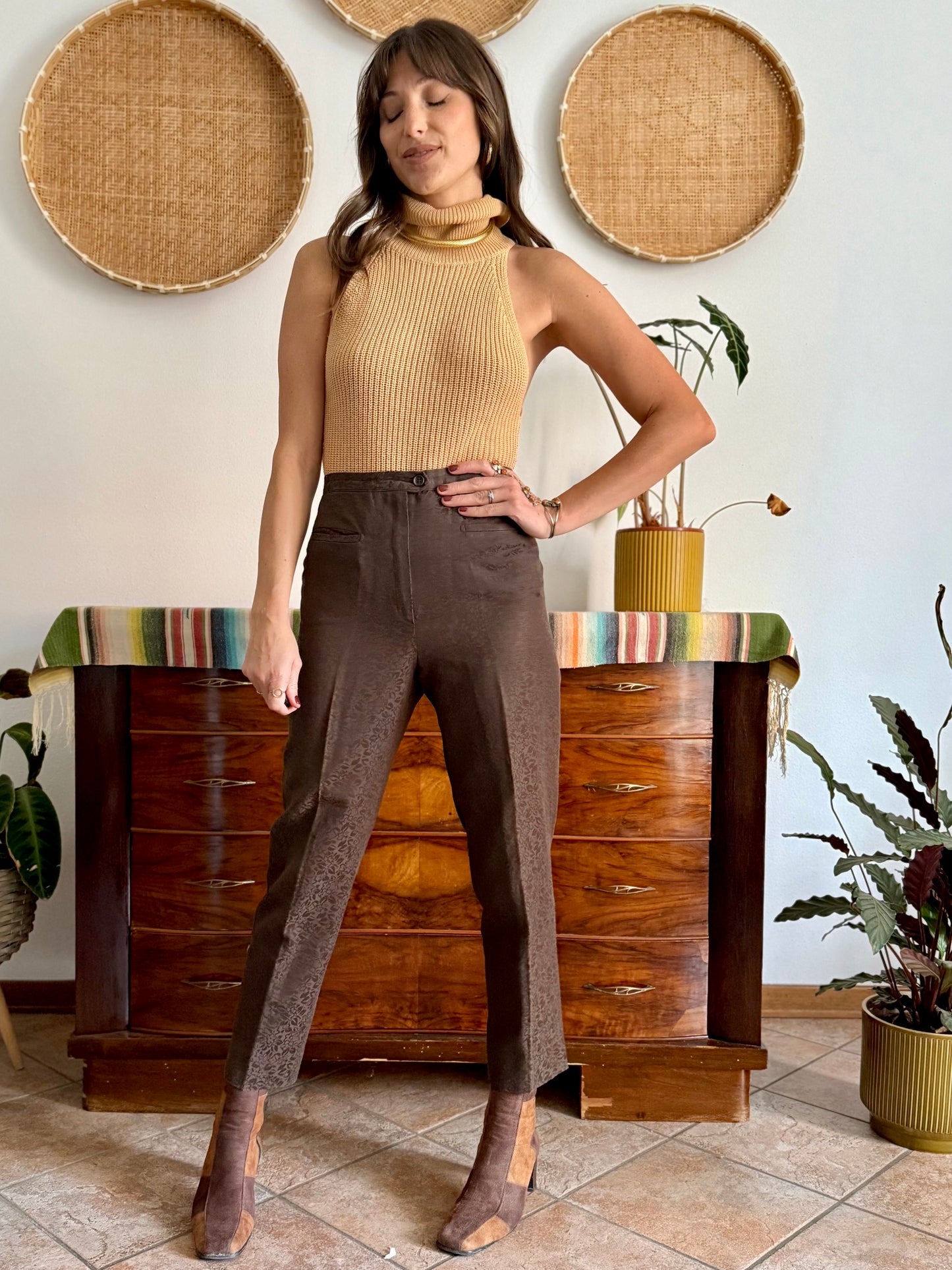 1970's vintage chocolate brown floral print tailored trousers