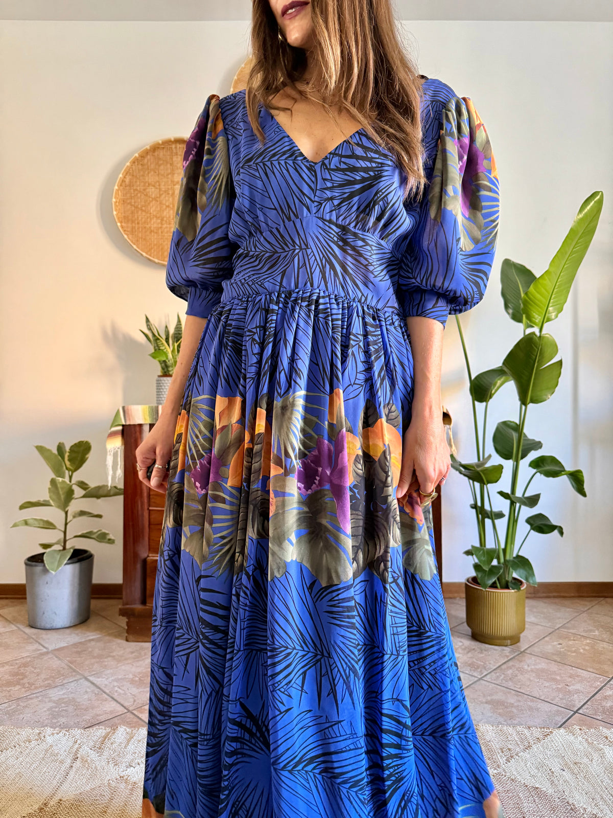 1960’s vintage blue floral silk evening gown with matching scarf and belt