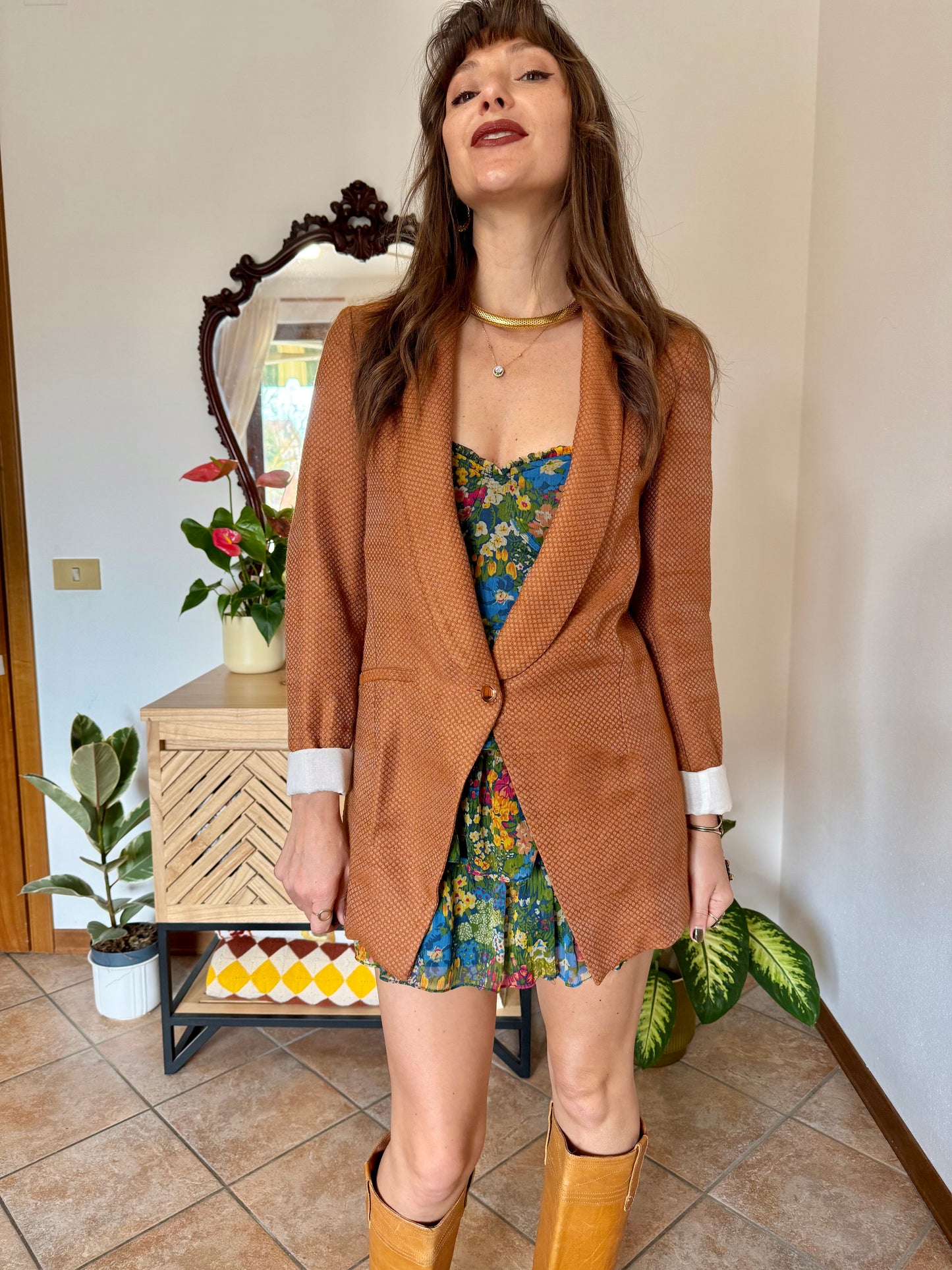 Y2k vintage orange and silver metallic polk a dot textured blazer