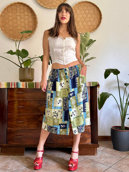 1990’s vintage navy, blue and green textured floral patchwork print midi skirt