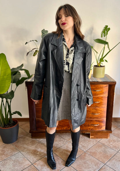 1980's vintage oversize black leather jacket with asymmetrical buttons