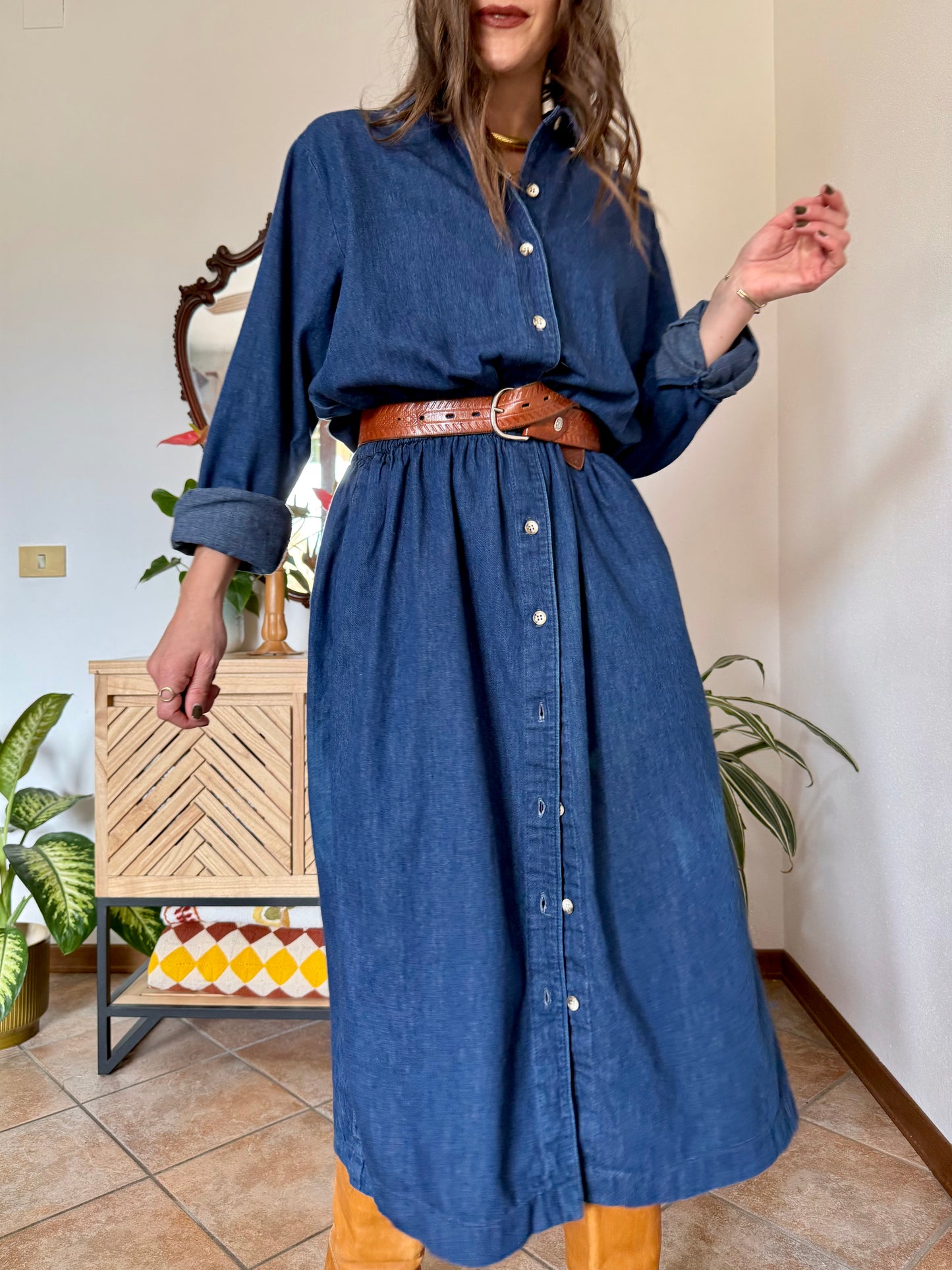 1970's vintage dark blue denim maxi dress