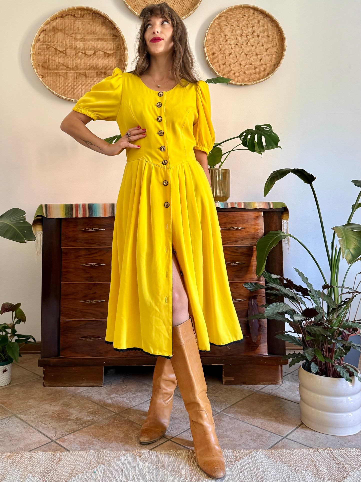 1960’s vintage canary yellow button down midi dress with black crochet detailing