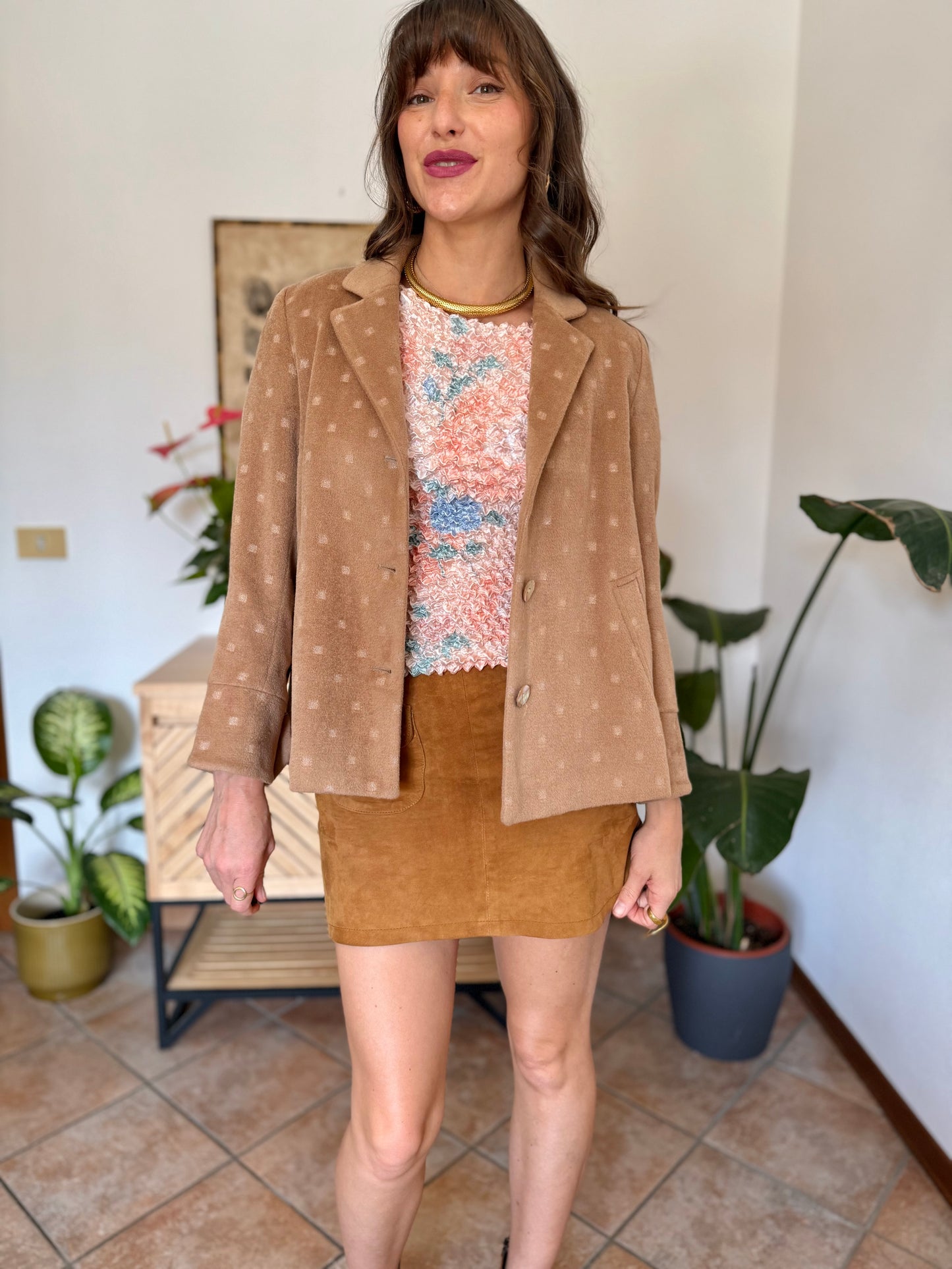 1990’s vintage tan cashmere jacket with metallic square woven pattern