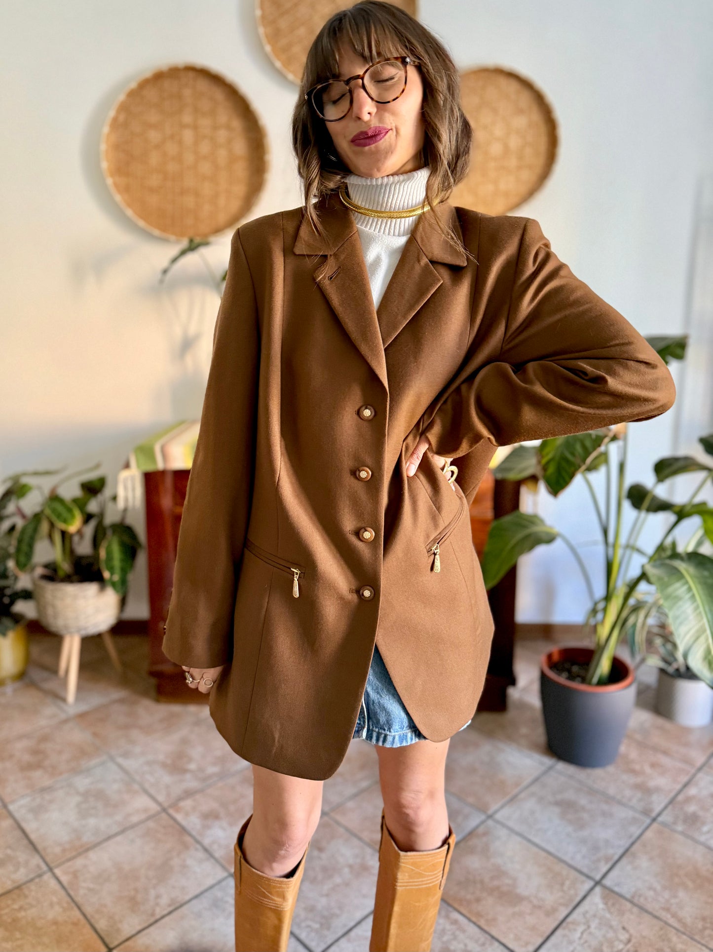 1970's vintage chocolate brown oversize wool jacket with gold metal details