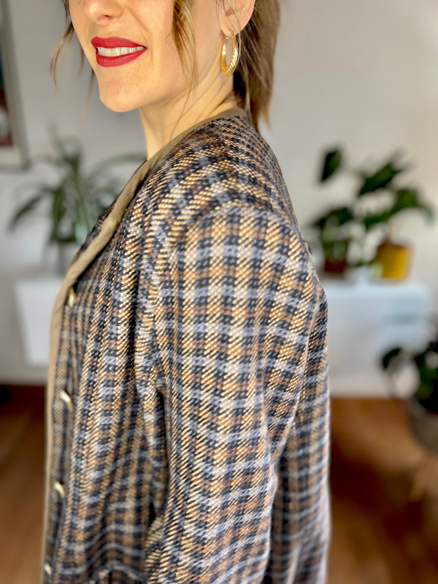 1970's vintage brown and blue oversize plaid wool blazer