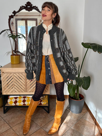 1970’s vintage grey cardigan with burgundy and yellow knit geometric pattern