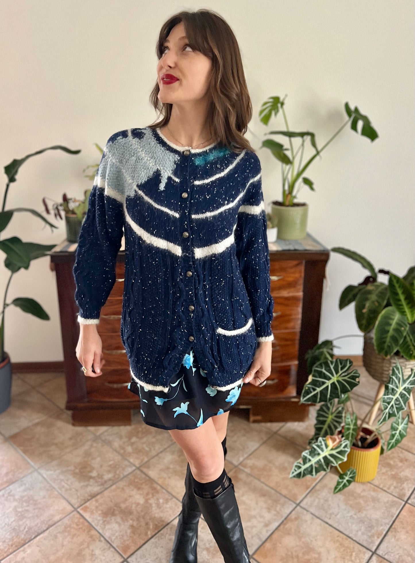 1970's vintage navy blue and cream speckled hand knit cardigan with turquoise asymmetric design