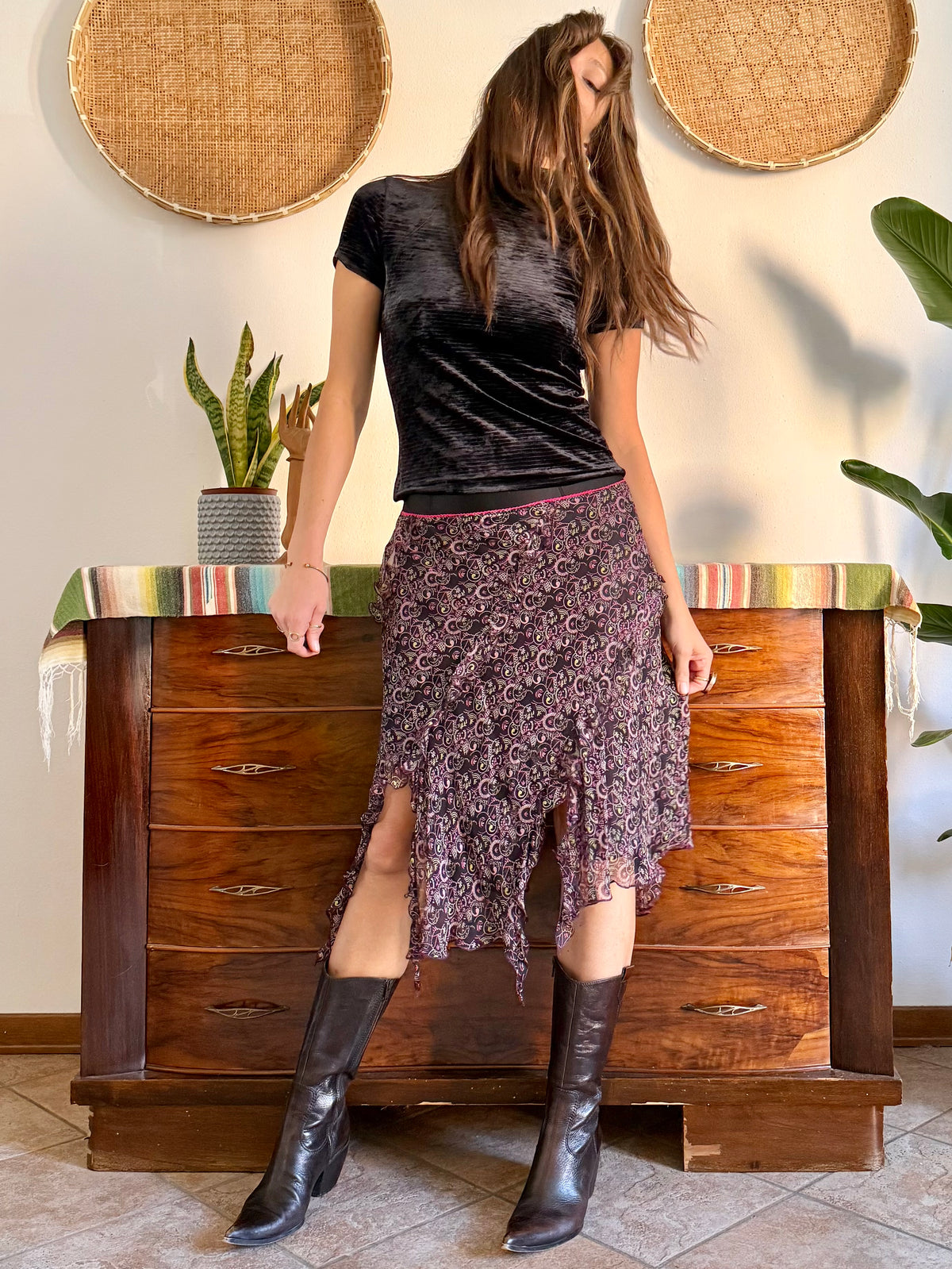 Y2K vintage asymmetrical hem silk paisley print skirt