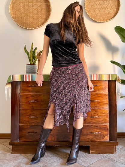Y2K vintage asymmetrical hem silk paisley print skirt