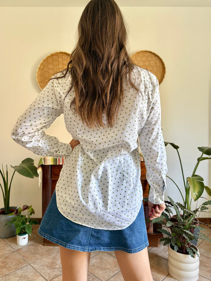 1990’s vintage white woven cotton shirt with green and beige floral design