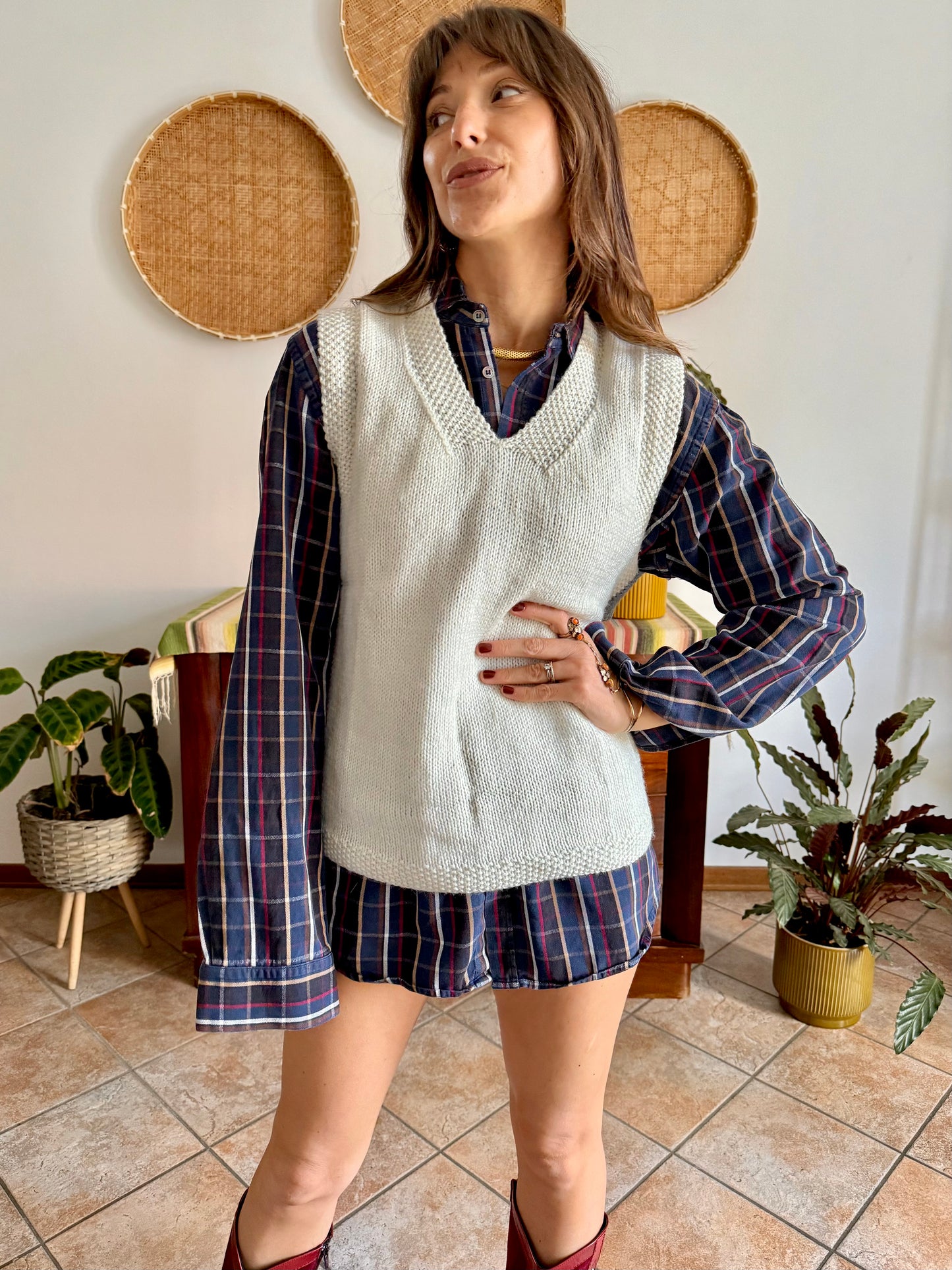 1970's vintage white and grey hand knit wool vest