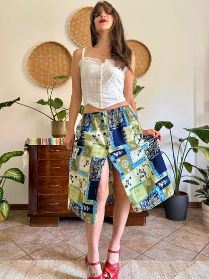 1990’s vintage navy, blue and green textured floral patchwork print midi skirt
