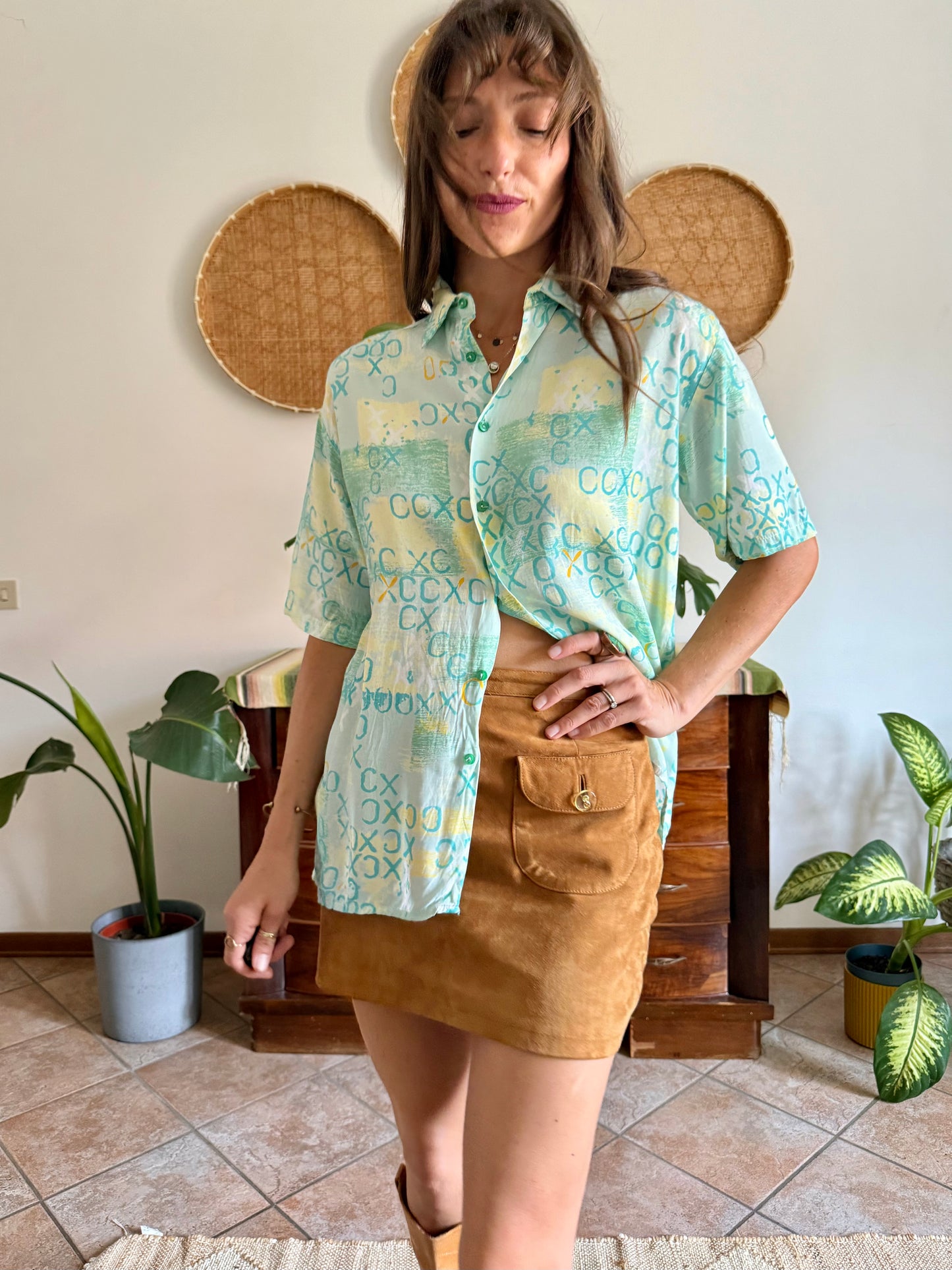 1990’s vintage yellow, teal and turquoise geometric print top