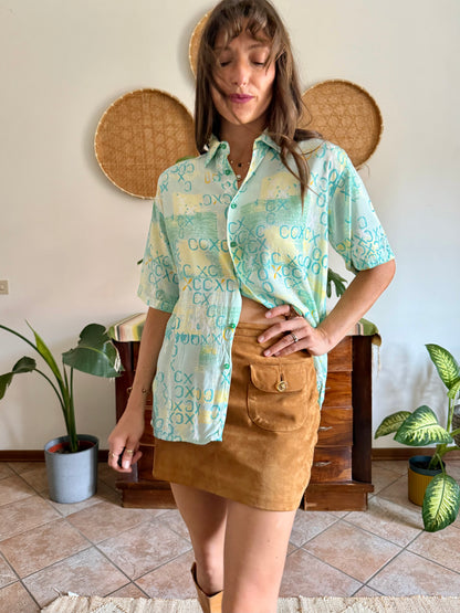 1990’s vintage yellow, teal and turquoise geometric print top