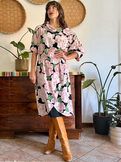 1960’s vintage pink, green and black silk floral print dress