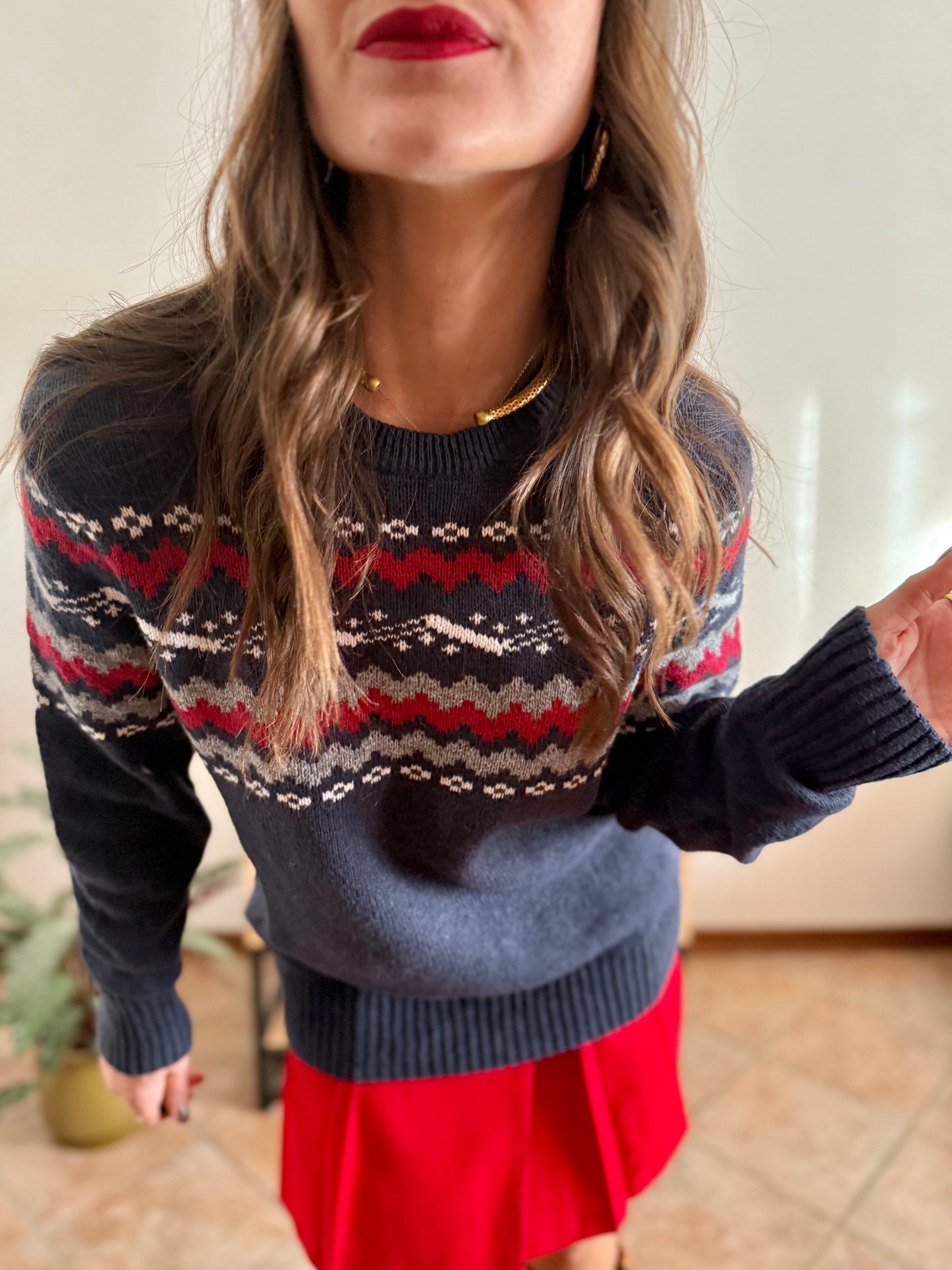 1990’s vintage navy blue knit pullover with red and cream geometric pattern