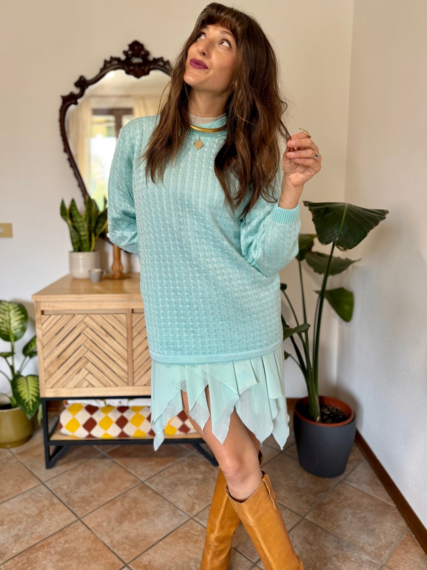 Y2k vintage light turquoise and silver wool blend  cable knit pullover