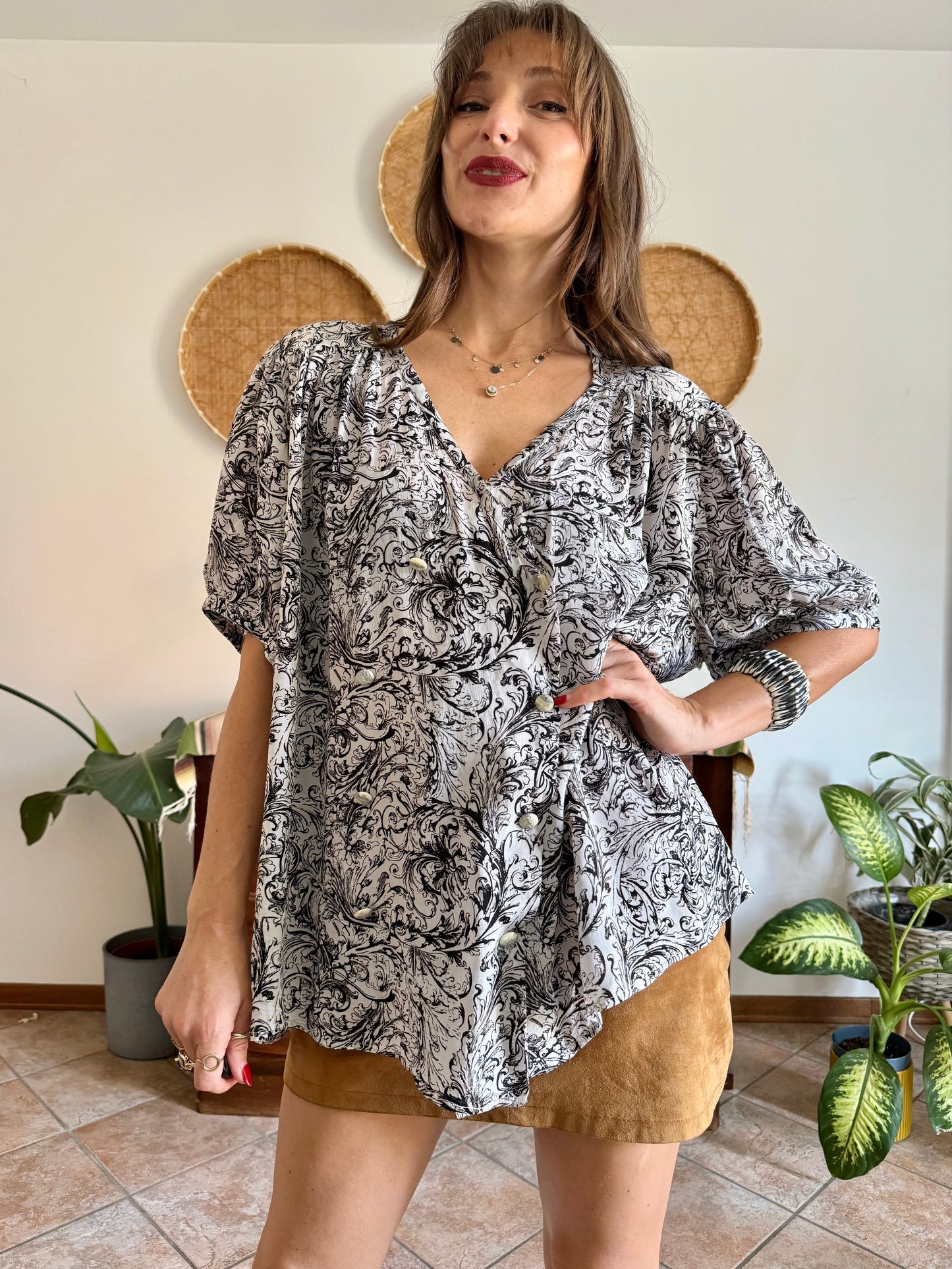 1970’s vintage black and light grey oversize paisley blouse
