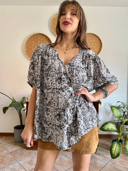 1970’s vintage black and light grey oversize paisley blouse