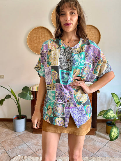 1990’s vintage lilac, turquoise and tan patchwork floral print blouse