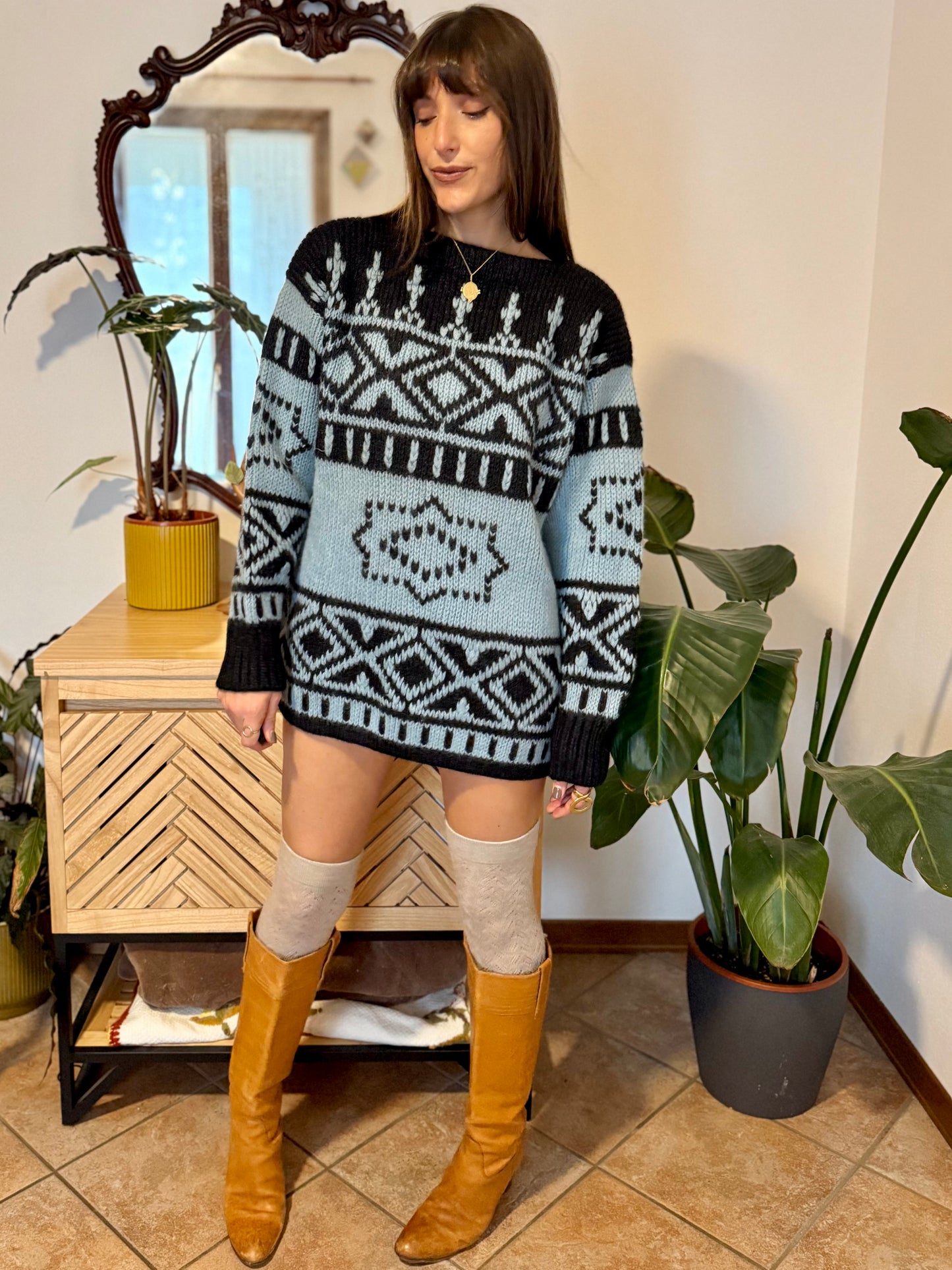 1970's vintage hand knit charcoal grey and light blue geometric pullover