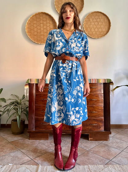 1960's vintage blue and cream floral silk midi dress