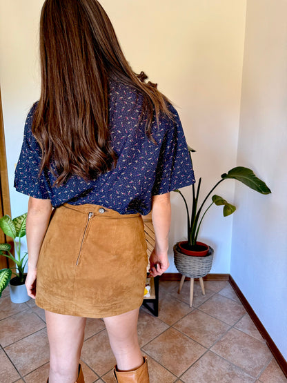 1970's vintage navy blue silk blouse with pink and tan abstract line print