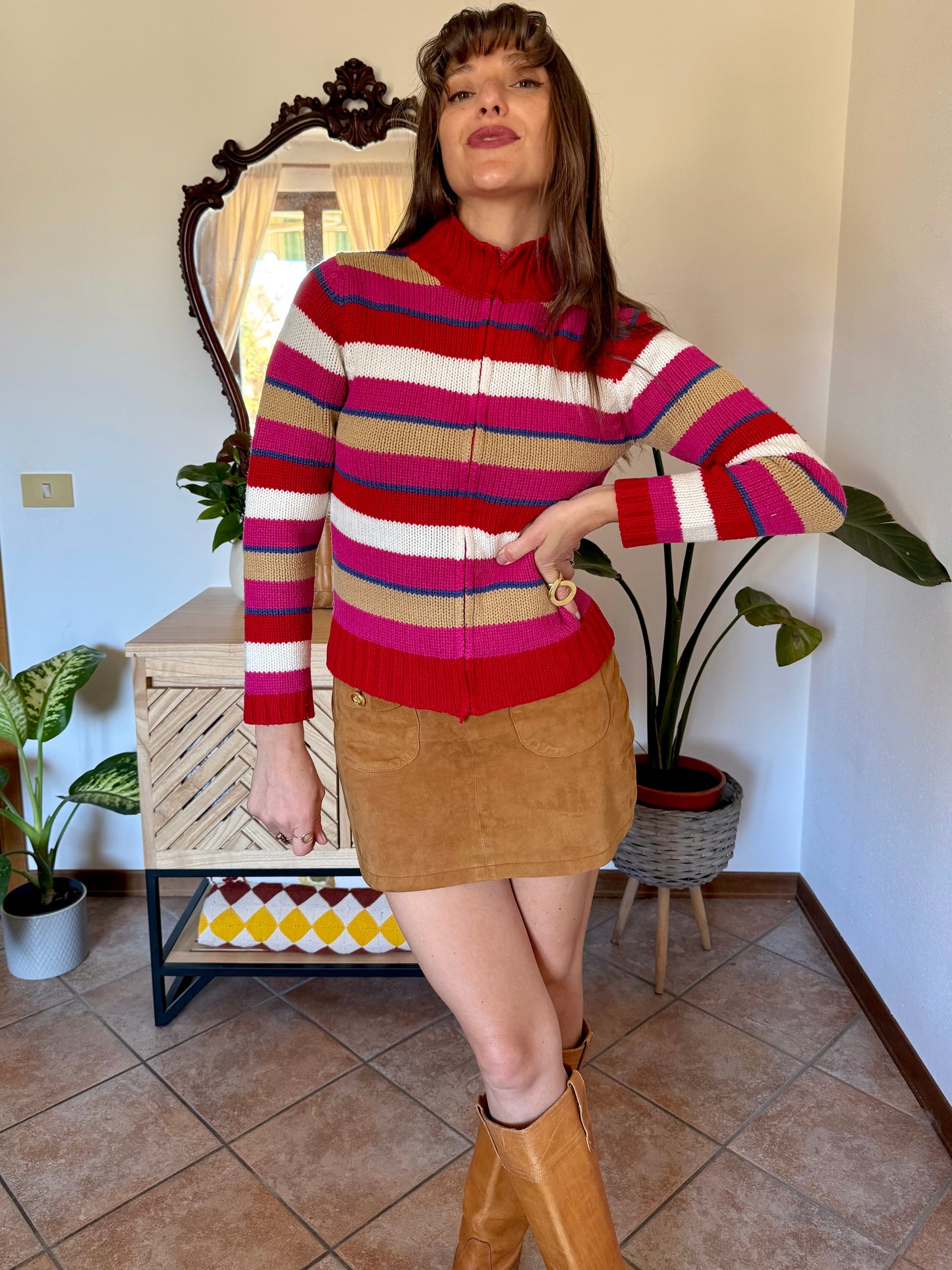 1990's vintage red, pink and blue stripe zip up wool knit cardigan