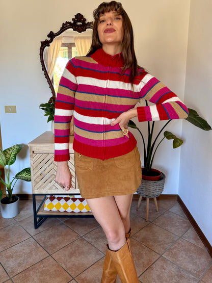 1990's vintage red, pink and blue stripe zip up wool knit cardigan