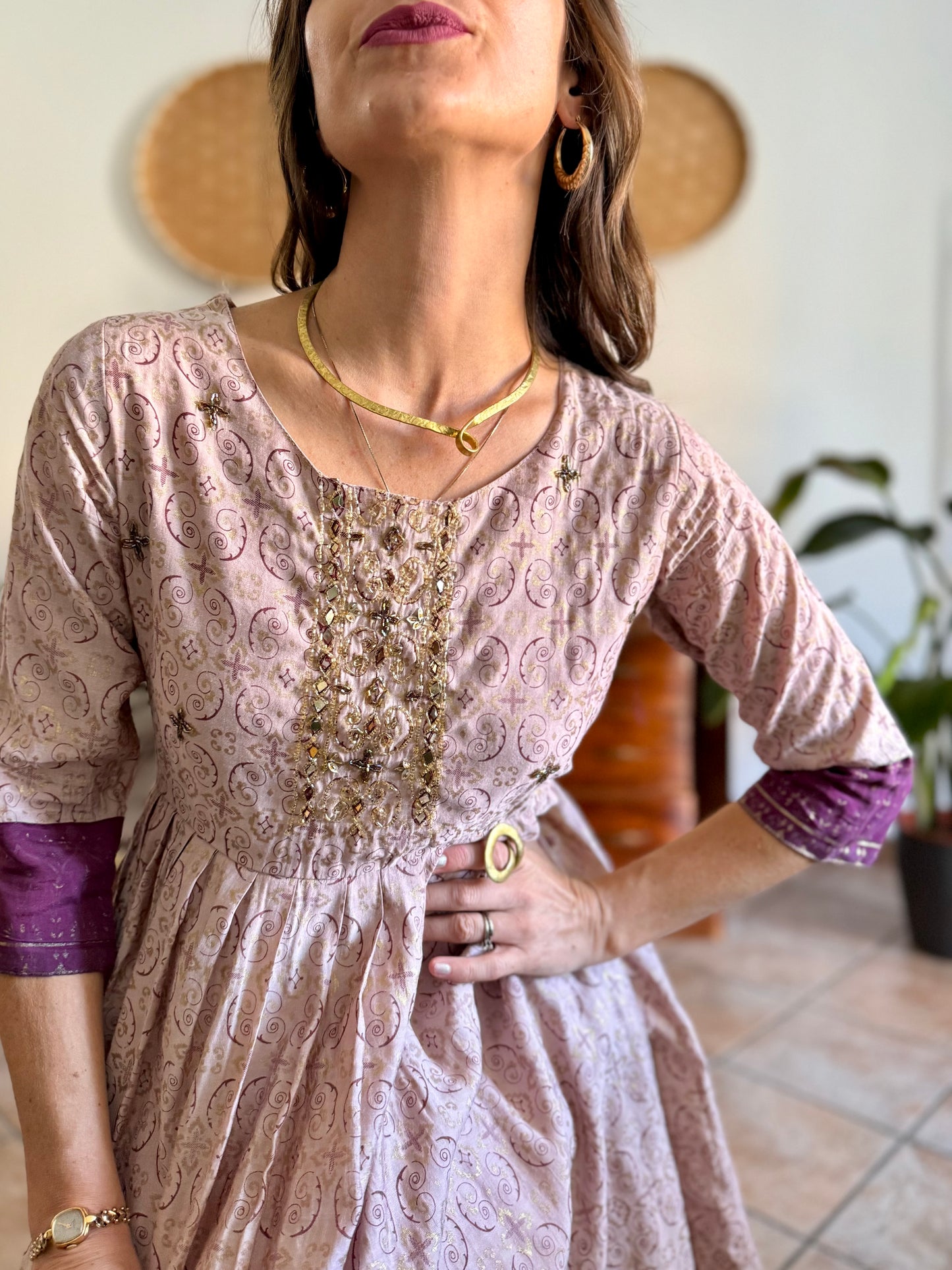1970's vintage lilac midi dress with gold and purple geometric pattern and glass bead detailing
