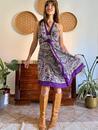 Y2k vintage purple and yellow floral silk halter top midi dress