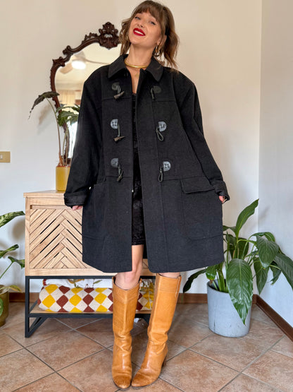 1970’s vintage charcoal grey cashmere and wool coat with toggle details