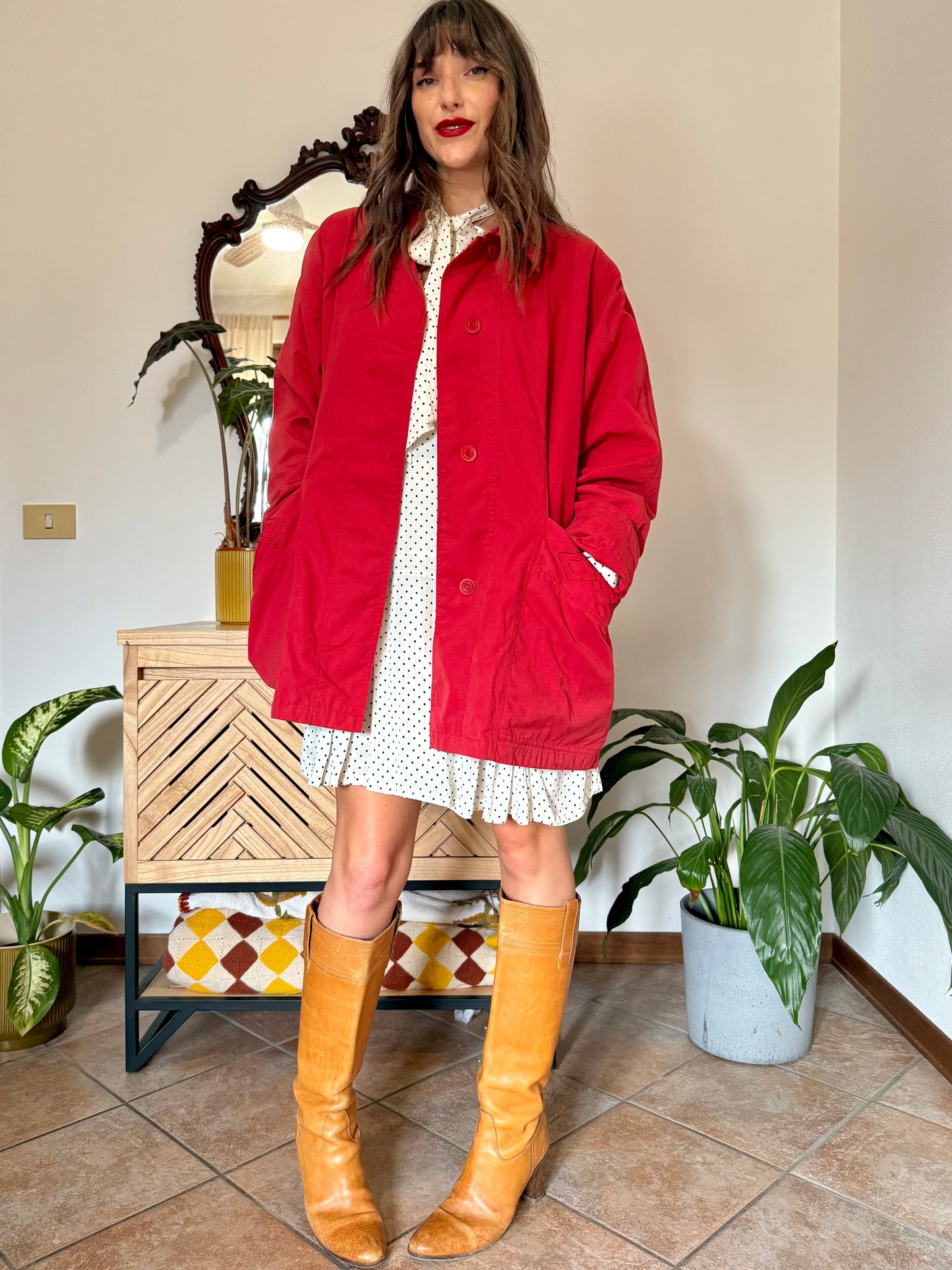 1990’s vintage cherry red chore coat with diamond embroidered detailing