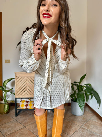 1990’s vintage cream pleated mini dress with black polkadots and bow tie neck