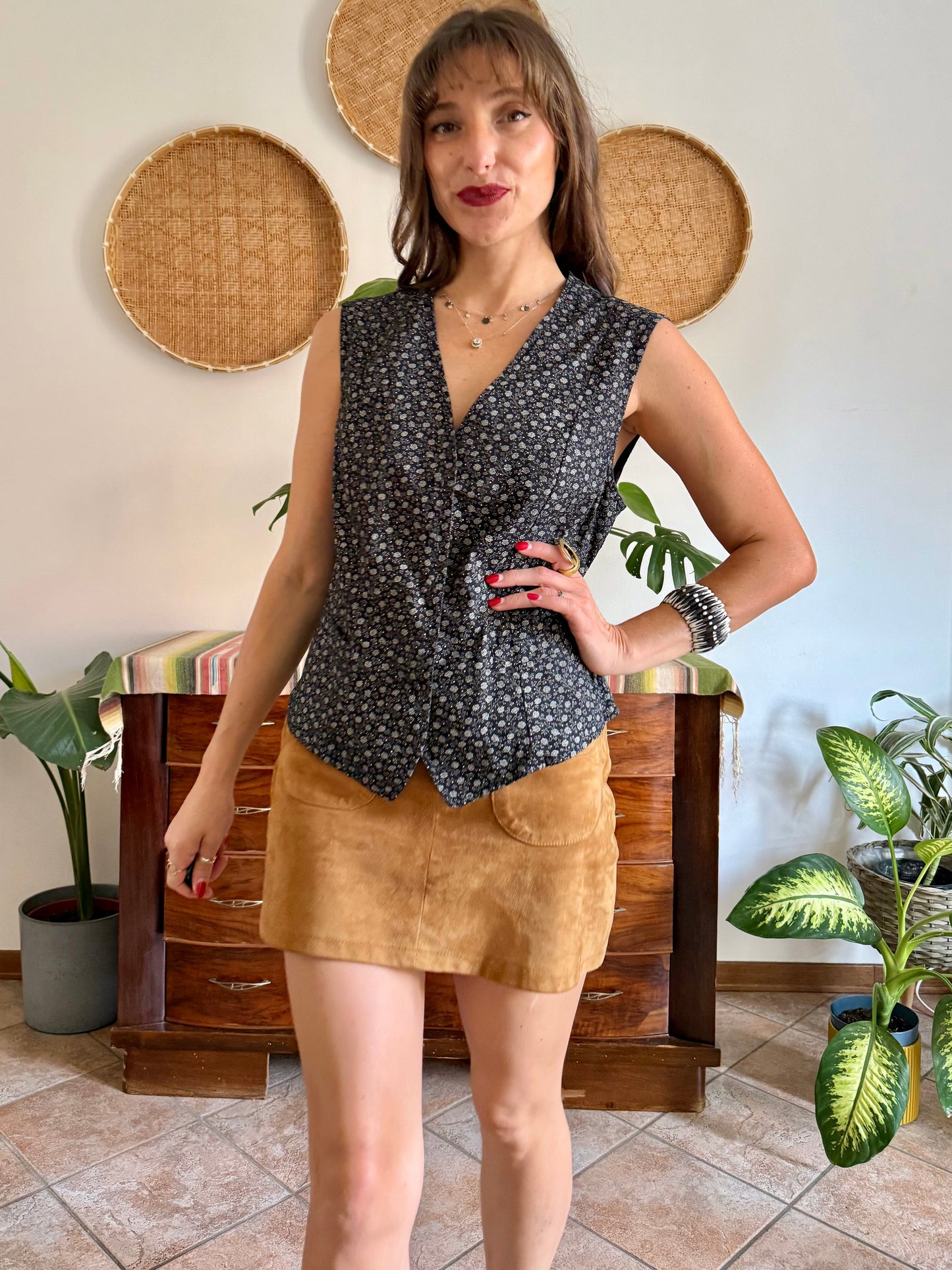 1970’s vintage black cotton vest with white floral print