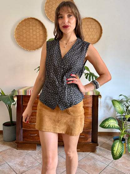 1970’s vintage black cotton vest with white floral print