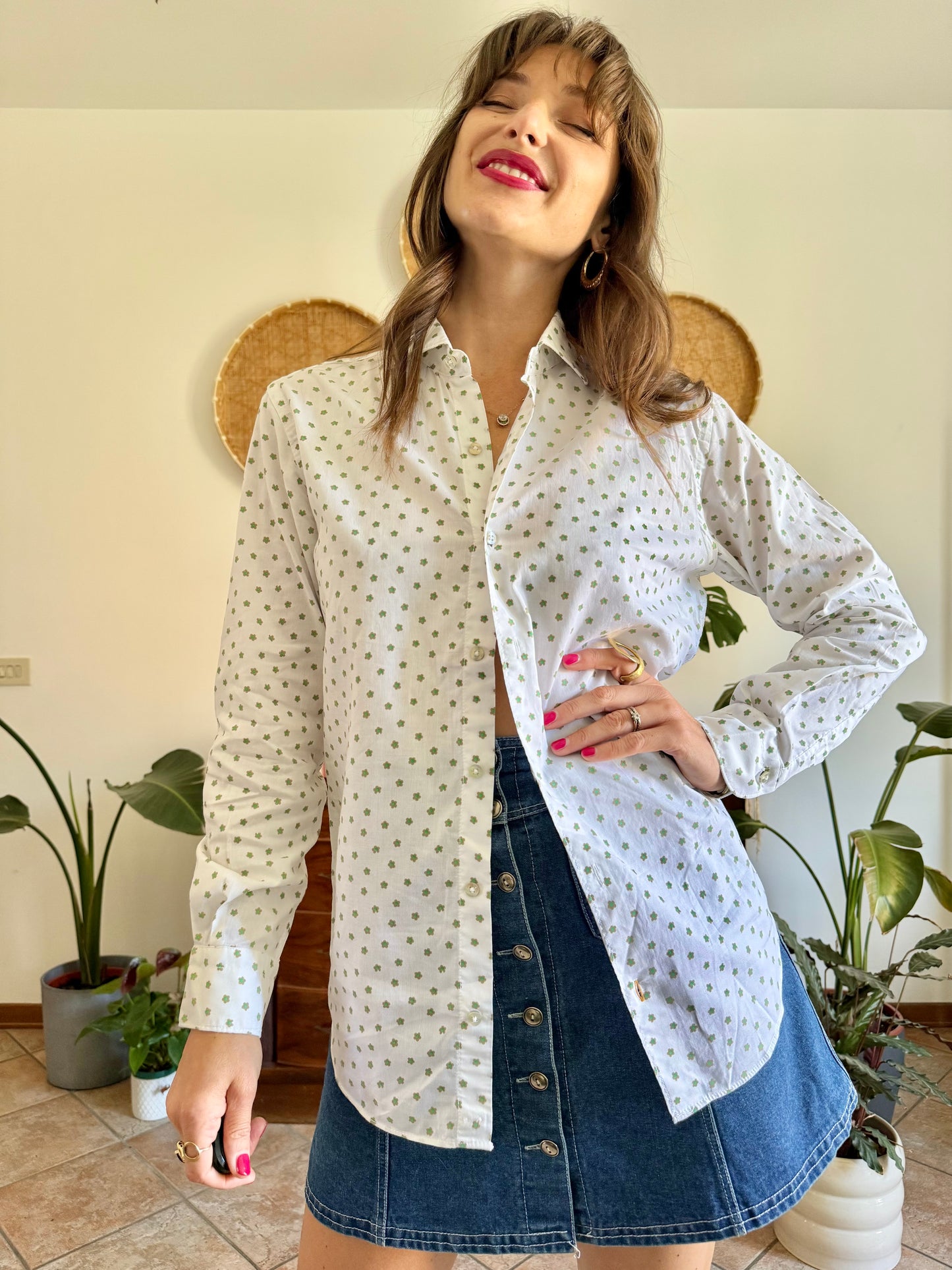 1990’s vintage white woven cotton shirt with green and beige floral design