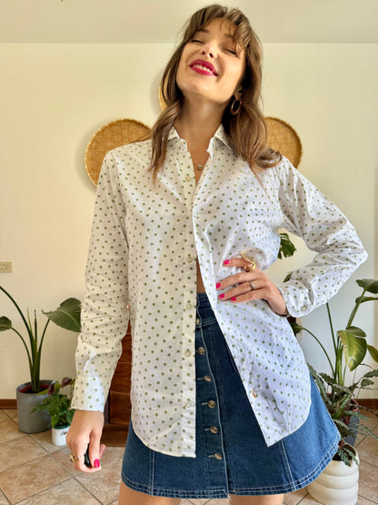 1990’s vintage white woven cotton shirt with green and beige floral design