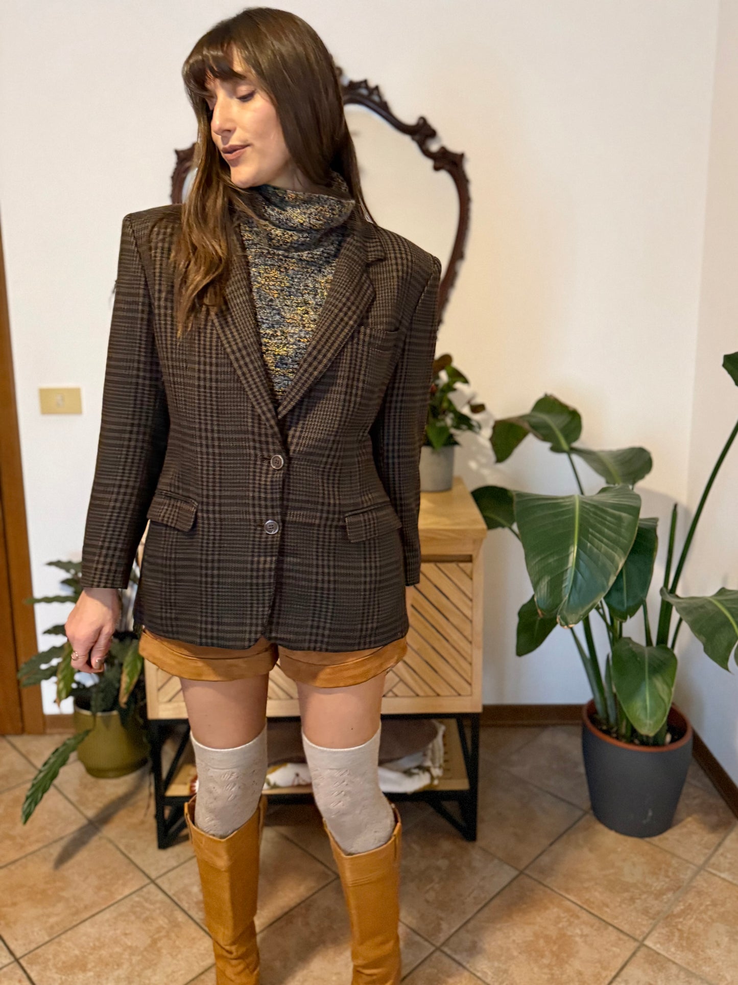 1990's vintage cashmere, wool and silk blend chocolate brown and blue blazer