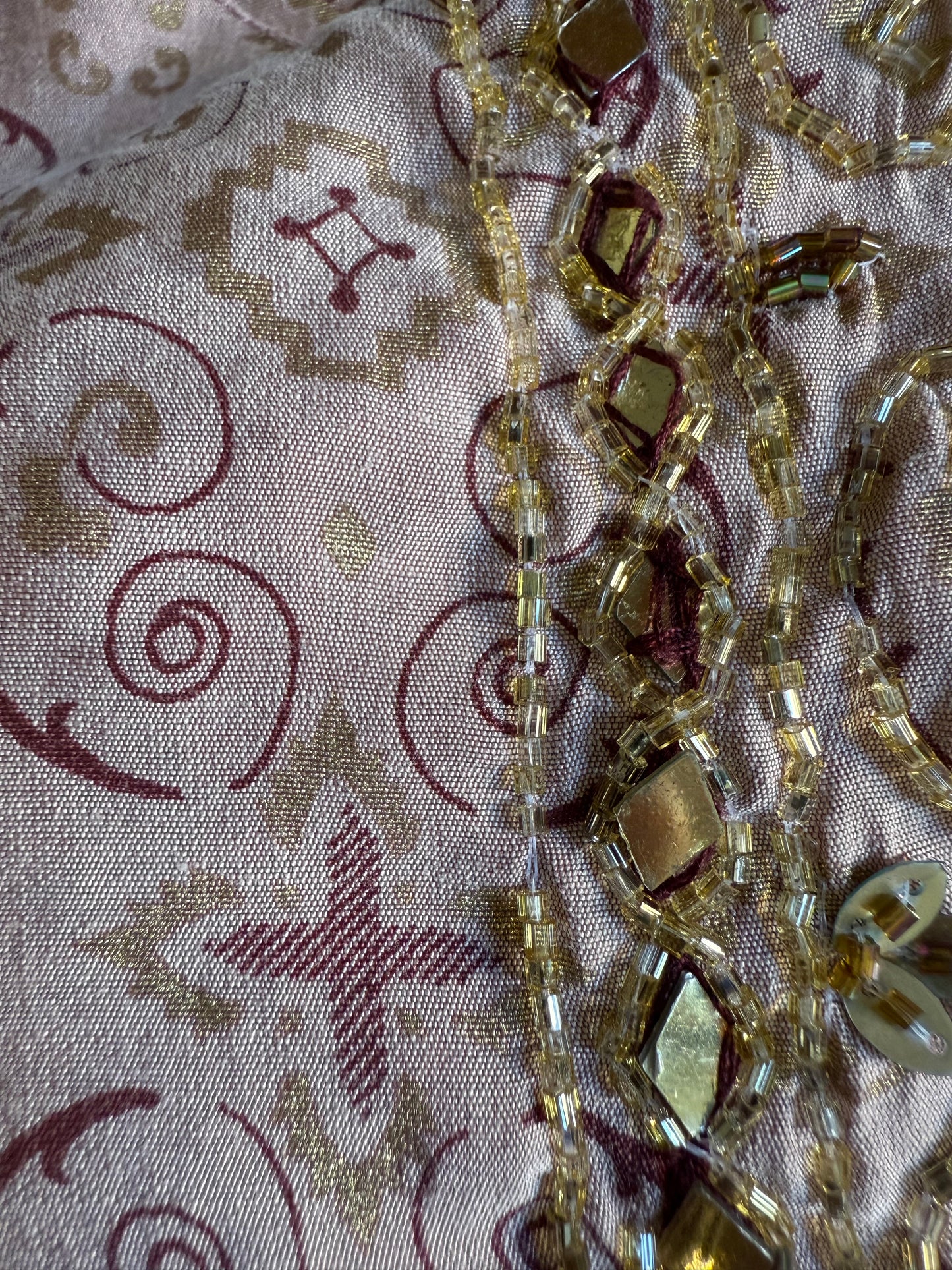 1970's vintage lilac midi dress with gold and purple geometric pattern and glass bead detailing