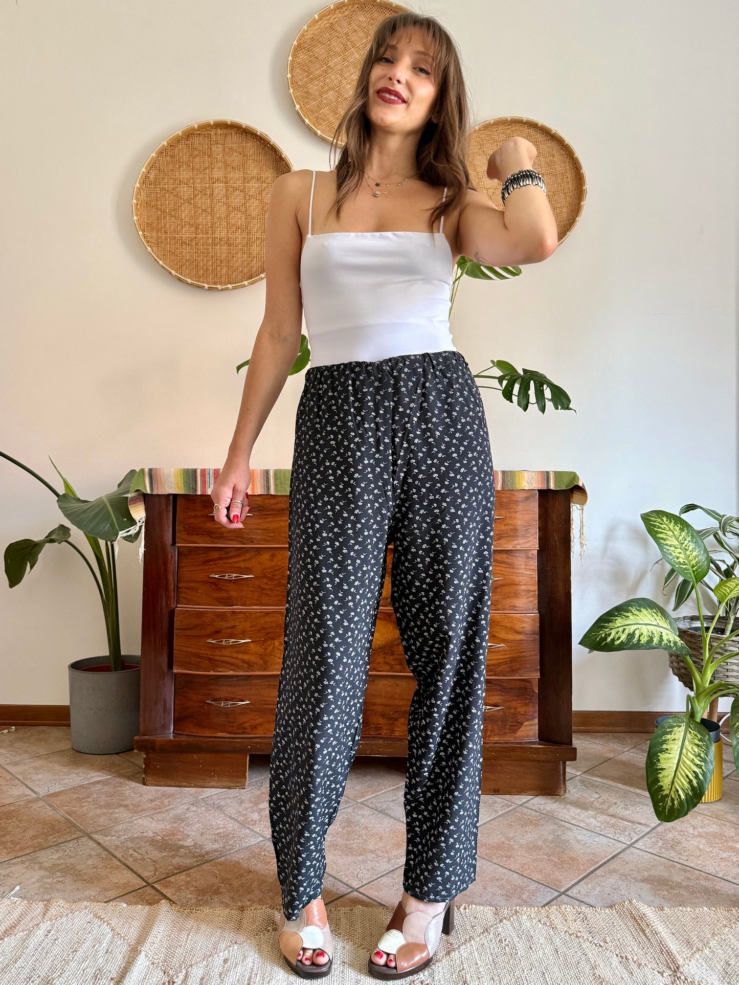 1970’s vintage black wide leg trousers with micro white floral embroidery