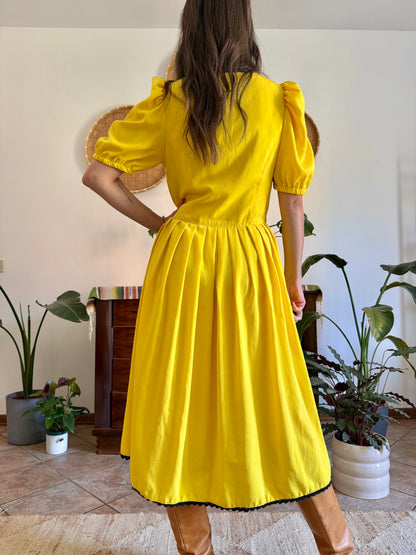 1960’s vintage canary yellow button down midi dress with black crochet detailing