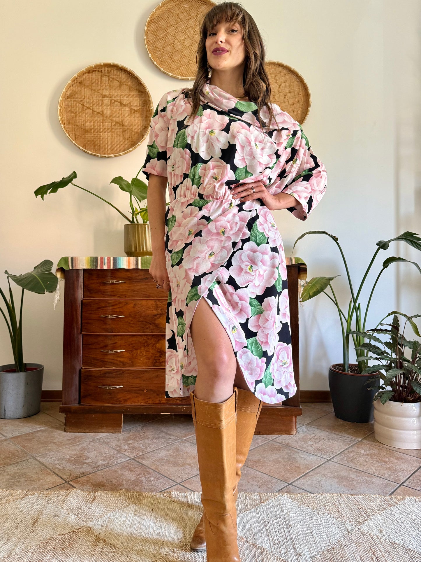 1960’s vintage pink, green and black silk floral print dress